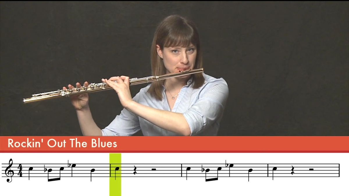 Woman playing flute, with musical score below &quot;Rockin Out the Blues&quot;