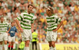 Henrik Larsson in discussions with Chris Sutton during Celtic's 6-2 win over Rangers