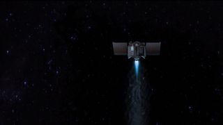 An artist's depiction of OSIRIS-REx conducting an engine burn to approach Bennu.