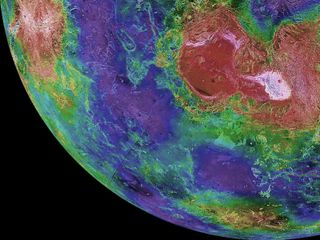 Researchers created this hemispheric view of Venus using more than a decade's worth of radar investigations culminating in the 1990-1994 Magellan mission. The planet's North Pole centers the image, color-coded to represent elevation.
