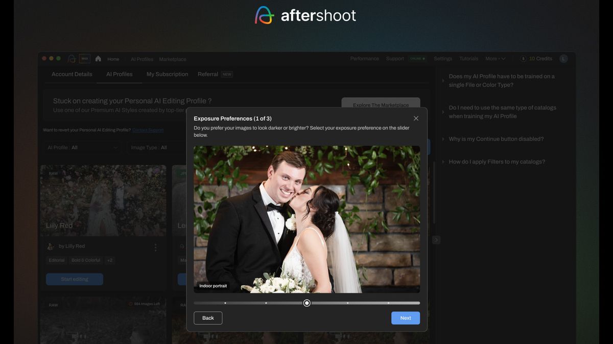 Aftershoot screenshot showing how to create an Instant AI Profile