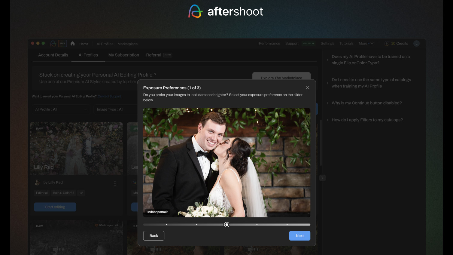 Aftershoot screenshot showing how to create an Instant AI Profile