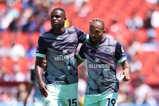Bryan Mbeumo of Brentford celebrates after scoring the team's second goal with teammate Frank Onyeka during the Premier League Summer Series match between Aston Villa and Brentford FC at FedExField on July 30, 2023 in Landover, Maryland.