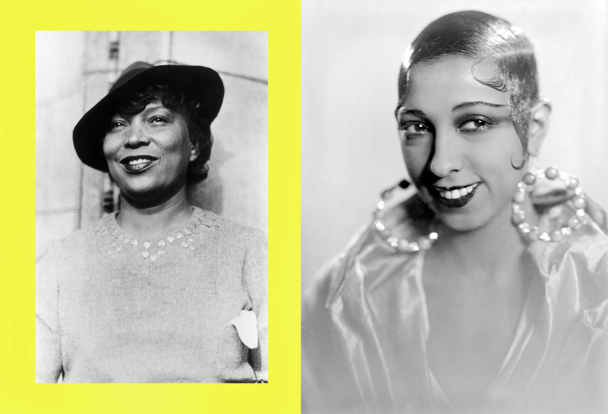 From left: Portrait of American author and filmmaker Zora Neale Hurston (1903-1960), late 1930s or early 1940s. She studied anthropology under scholar Franz Boas and wrote several novels drawing heavily on her knowledge of human development and the African American experience in America. She is best known for 'Their Eyes Were Watching God. and right: Josephine Baker, 1928-1930
