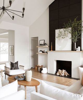 Griege living room with dark fireplace