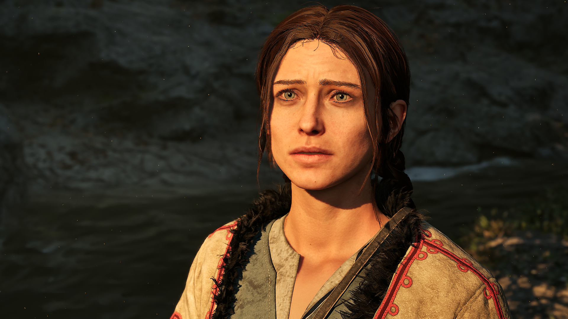 A witch in The Blood of Dawnwalker looking a little pensive, sun beaming on her face.