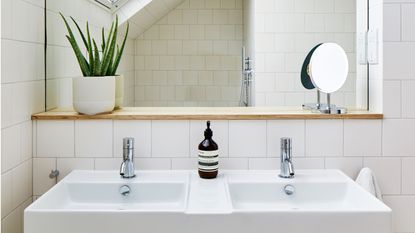 Double bathroom sinks with large mirror under eaves