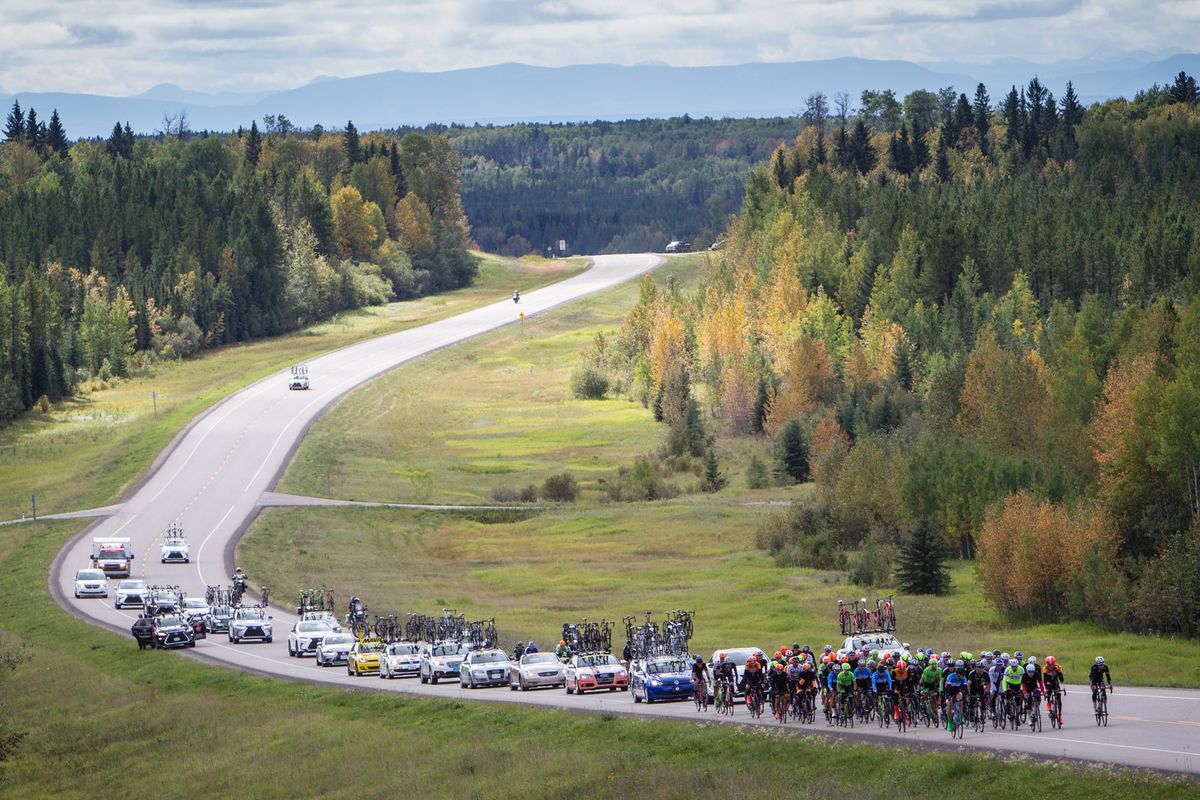 Thick forests and rolling hills along the course during stage 3 at the Tour of Alberta
