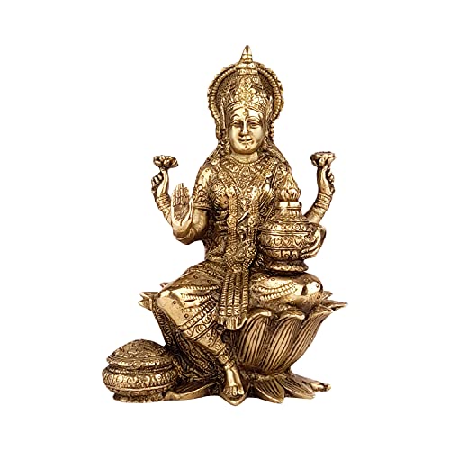 Kartique Brass Maa Lakshmi Sitting on Lotus Considered to Be Auspicious at Home Office Lotus Maha Laxmi Idol Dhan Devi Goddess of Prosperity Wealth Fortune Height 7 Inch Antique Gold Size : Small