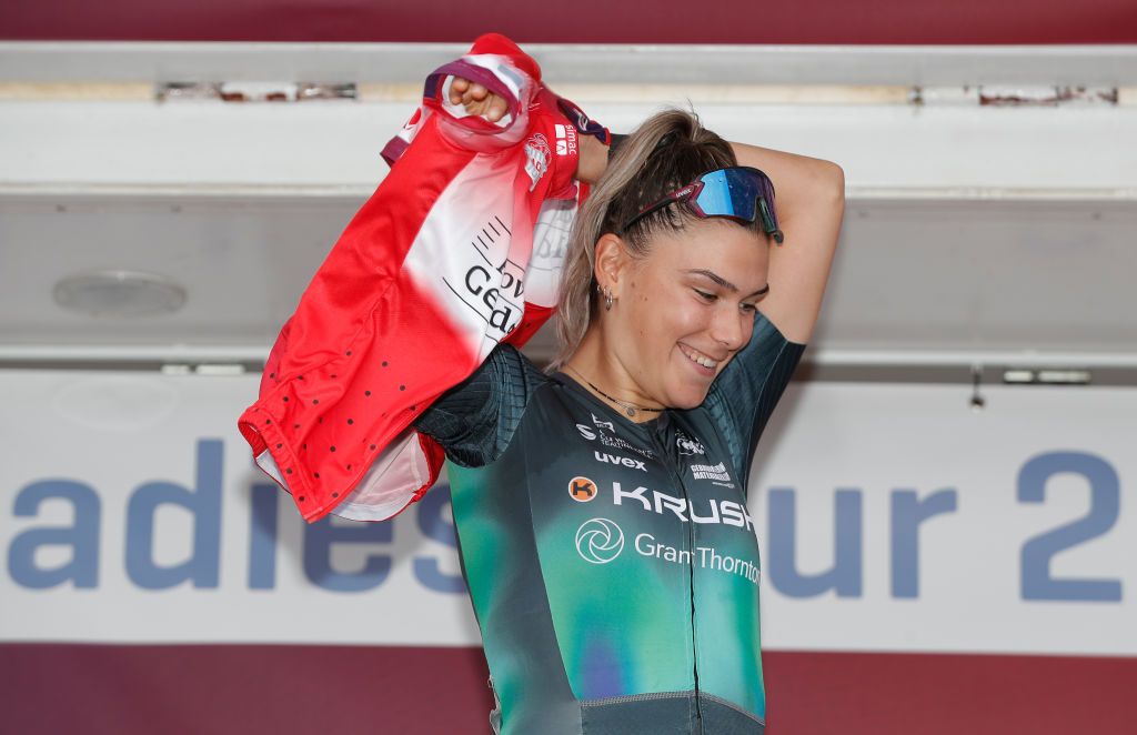 WEERT NETHERLANDS AUGUST 27 Daniek Hengeveld of Netherlands and Team Gt Krush Tunap Pro Cycling celebrates winning the most combative jersey on the podium ceremony after the 23rd Simac Ladies Tour 2021 Stage 3 a 1259km stage from Stramproy to Weert SLT2021 UCIWWT on August 27 2021 in Weert Netherlands Photo by Bas CzerwinskiGetty Images