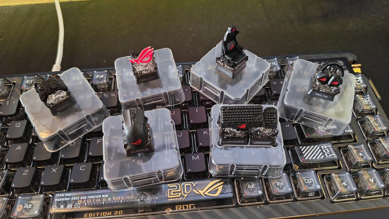 The full set of mystery keycaps from ROG's 20th anniversary