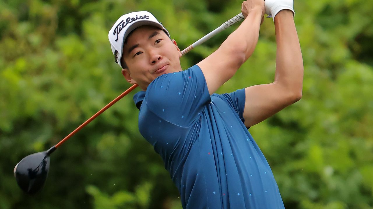 Michael Kim takes a shot during the 2023 Zurich Classic of New Orleans