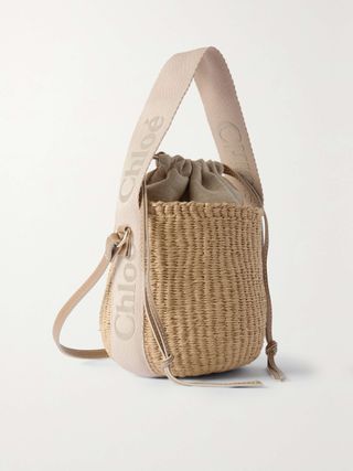 Woody Small Leather-Trimmed Raffia Basket Bag