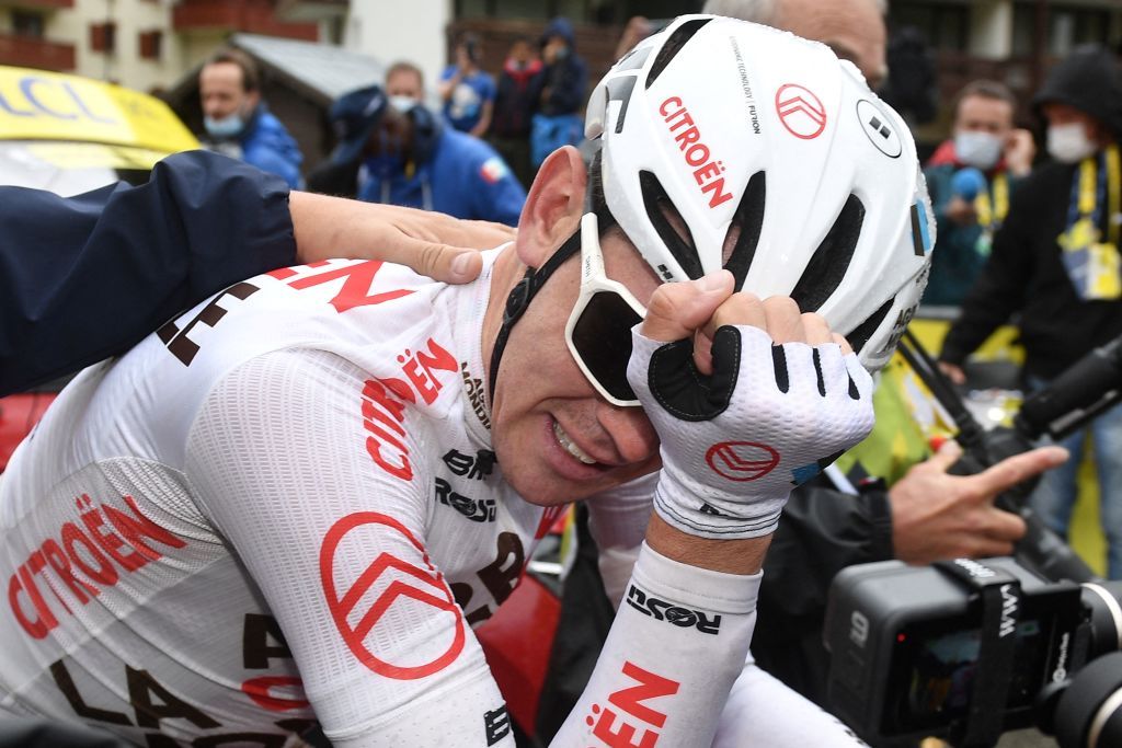 Stage winner Team AG2R Citroens Ben OConnor of Australia reacts at the end of the 9th stage of the 108th edition of the Tour de France cycling race 144 km between Cluses and Tignes on July 04 2021 Photo by POOL AFP Photo by POOLAFP via Getty Images