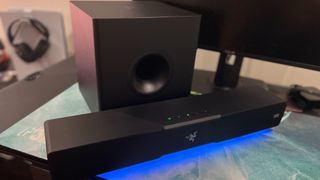 RAZER LEVIATHAN V2 ON DESK.