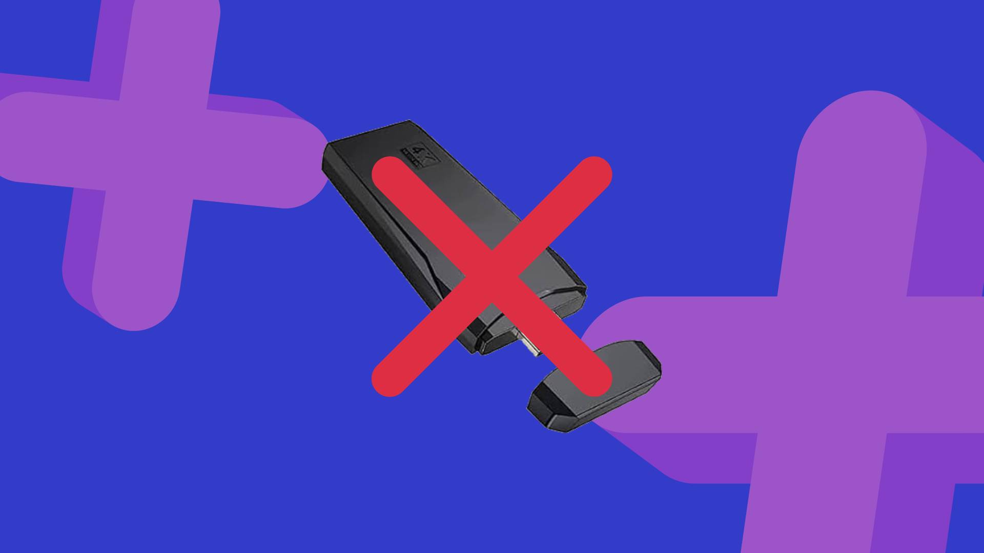 GamesRadar+ blue backdrop with purple plus logos and black generic retro game stick with red cross on top.