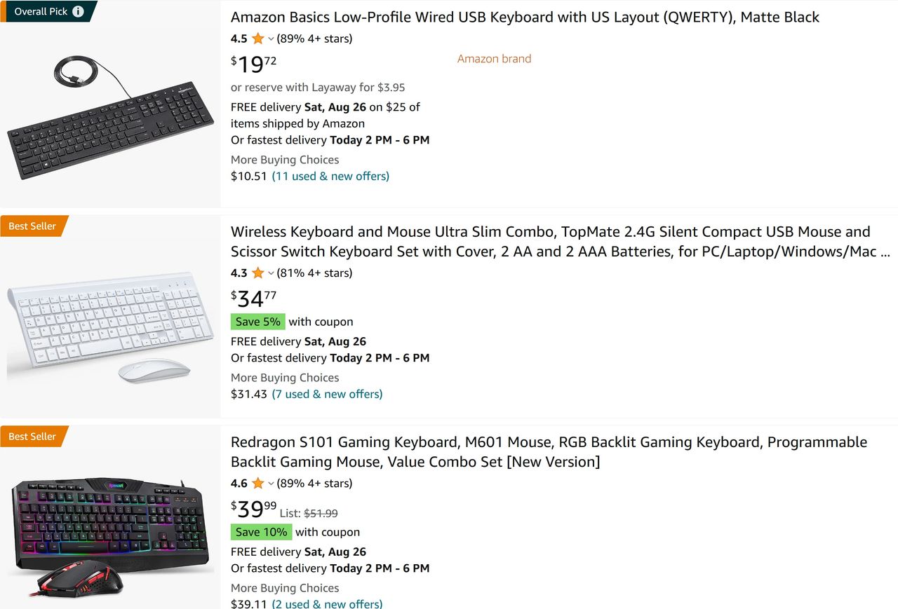 Amazon store listings with star ratings