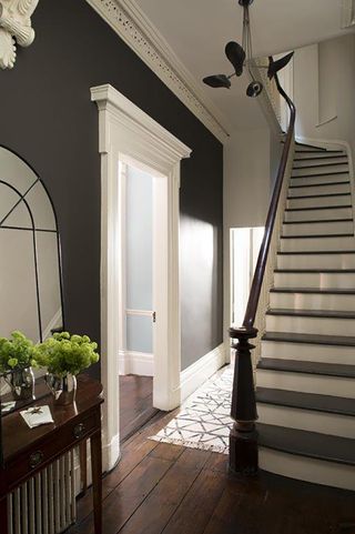Dark painted hallway, with cornicing and doorways picked out in lighter colours