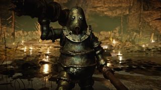 The Duskbloods Zork in deep-sea diving armour walking through a swamp with a deep-sea cable and a speargun