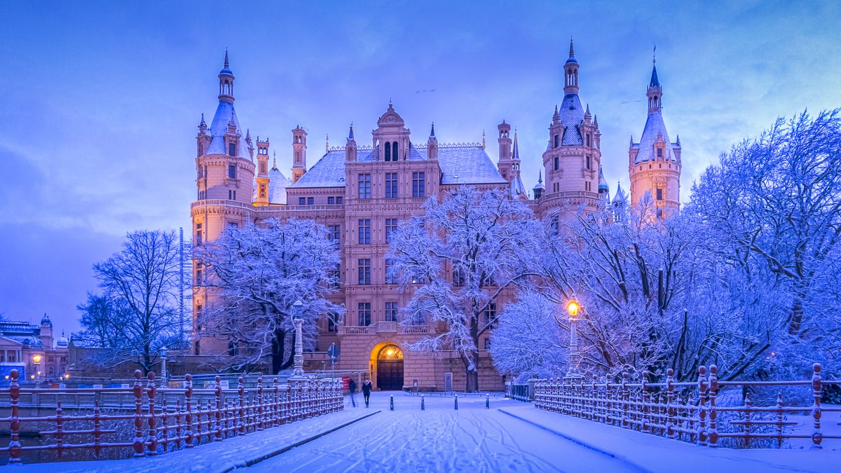 A picturesque snowy scene captured on a frosty morning in Schwerin, Germany