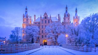 A picturesque snowy scene captured on a frosty morning in Schwerin, Germany