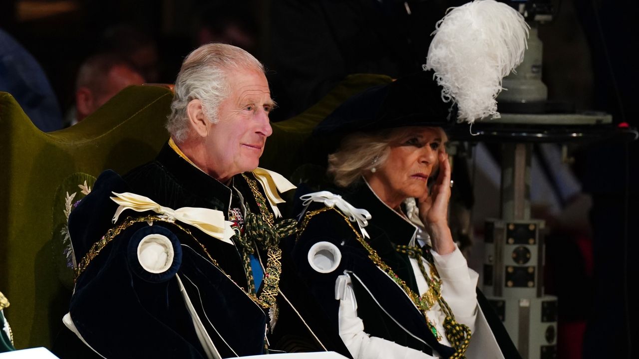 King Charles III and Queen Camilla attend the National Service of Thanksgiving and Dedication for King Charles III and Queen Camilla, and the presentation of the Honours of Scotland, at St Giles&#039; Cathedral on July 5, 2023 in Edinburgh, Scotland. During the service of thanksgiving and dedication for the Coronation of King Charles III and Queen Camilla, the Honours of Scotland (the Scottish crown jewels) are presented to the new King. The service is based on a similar service held at St Giles&#039; 70 years ago to mark the coronation of Queen Elizabeth II but unlike the 1953 service, the Stone of Destiny, on which ancient Scottish kings were crowned, will be present in the cathedral. 