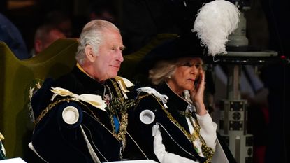 King Charles III and Queen Camilla attend the National Service of Thanksgiving and Dedication for King Charles III and Queen Camilla, and the presentation of the Honours of Scotland, at St Giles' Cathedral on July 5, 2023 in Edinburgh, Scotland. During the service of thanksgiving and dedication for the Coronation of King Charles III and Queen Camilla, the Honours of Scotland (the Scottish crown jewels) are presented to the new King. The service is based on a similar service held at St Giles' 70 years ago to mark the coronation of Queen Elizabeth II but unlike the 1953 service, the Stone of Destiny, on which ancient Scottish kings were crowned, will be present in the cathedral. 