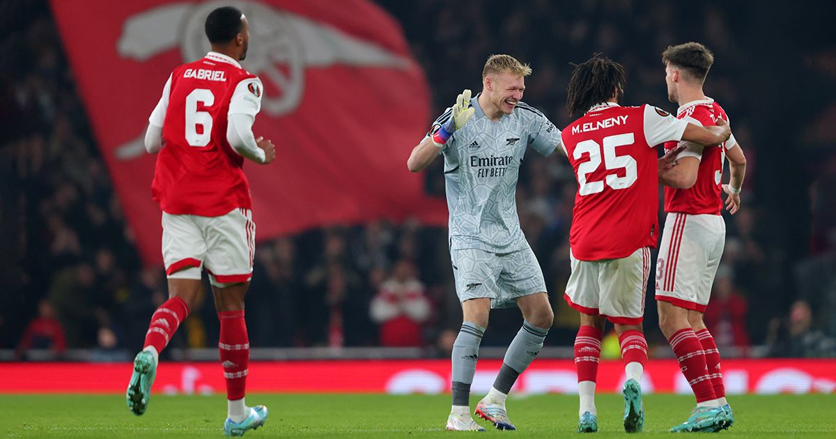 Arsenal draw Sporting in Europa League last-16: Kieran Tierney of Arsenal celebrates scoring the opening goal with Gabriel Magalhaes, Aaron Ramsdale and Mohamed Elneny during the UEFA Europa League group A match between Arsenal FC and FC Zurich at Emirates Stadium on November 3, 2022 in London, United Kingdom. 