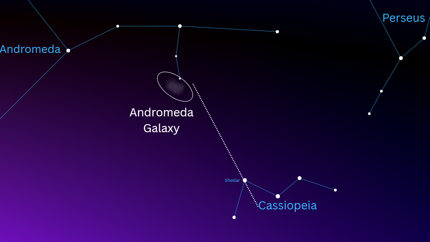 顯示如何使用仙后座尋找仙女座星系的星圖