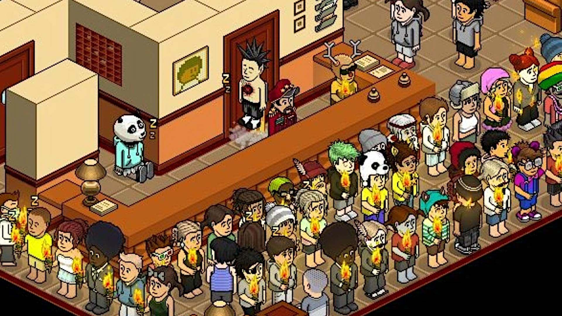 An image of the Great Mute of Habbo Hotel, with many Habbos holding up torches.