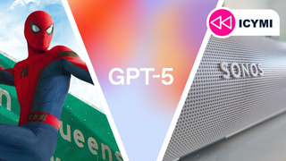 Spider-Man looking at a Sonos speaker and GPT-5 logo