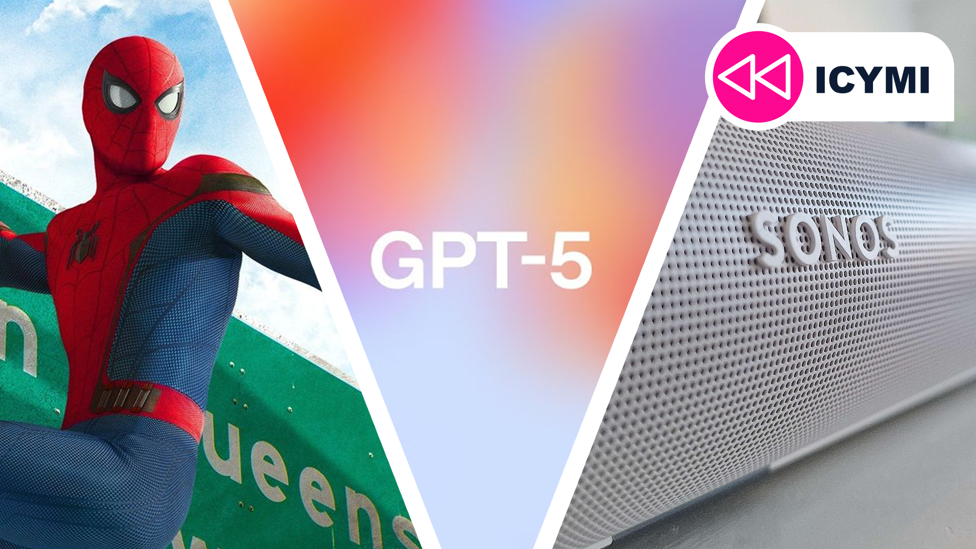 Spider-Man looking at a Sonos speaker and GPT-5 logo