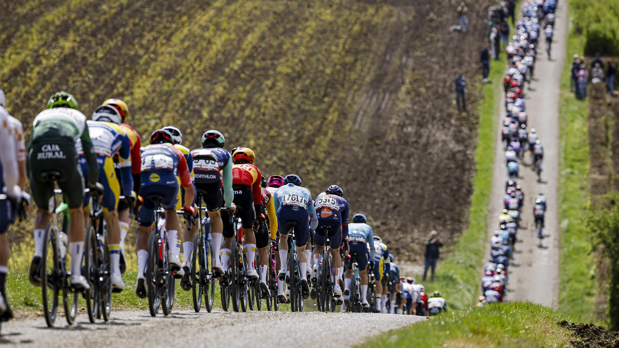 The peloton passes near Voerendaal during the 2026 Amstel Gold Race over 257.2km from Maastricht to Valkenburg, Netherlands