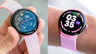 Split-screen close-up of the Pixel Watch 3 on the left and the Pixel Watch 4 on the right