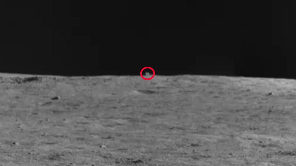 The &#039;mysterious hut&#039; appears as a cube-shaped protuberance above the horizon of the lunar surface.