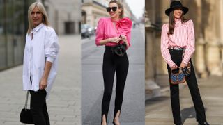 3 women in a composite image wearing blouses and black jeans
