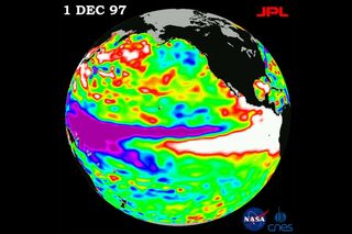 The Pacific Ocean showing sea surface height measurements taken by the U.S. and French TOPEX/Poseidon satellite. The image shows sea surface height relative to normal ocean conditions on Dec. 1, 1997. In this image, the white and red areas indicate unusual patterns of heat storage, indicative of strong El Niño conditions.