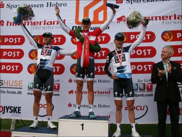 Podium (L-R): Alex Rasmussen (Team Saxo Bank), Jakob Fuglsang (Team Saxo Bank), and Michael M&oslash;rk&oslash;v (Team Saxo Bank).