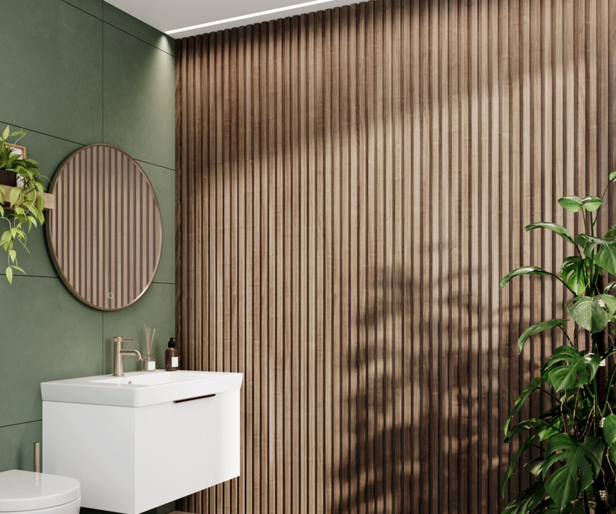 bathroom with walnut wood slatted wall and green large tile format wall