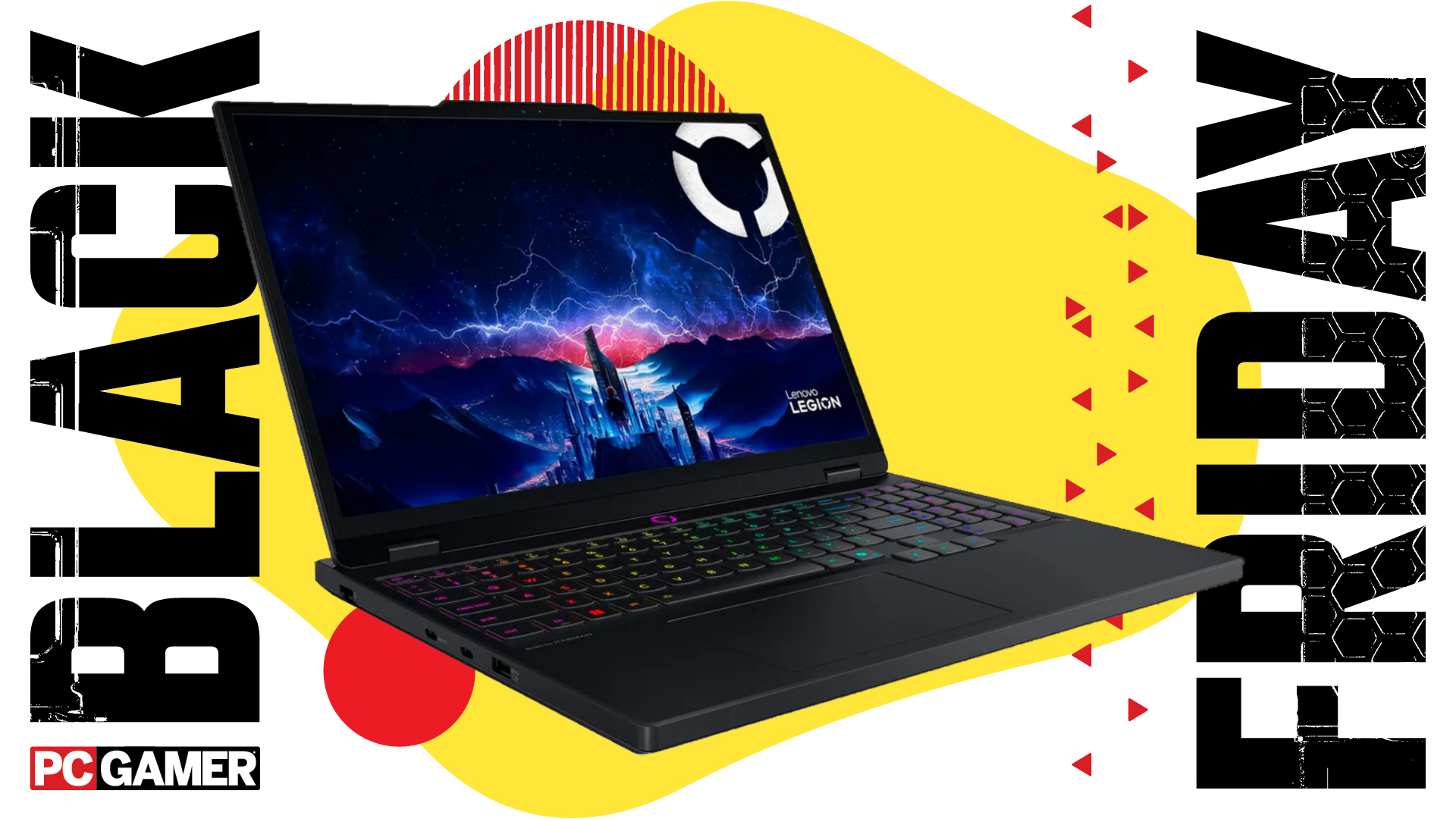 A Lenovo Legion 5 gaming laptop on a colourful red and yellow PC Gamer Black Friday deals background
