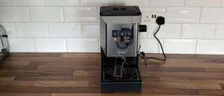 The Gaggia Classic ready to brew an espresso on a kitchen countertop