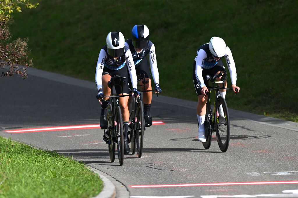 ZURICH SWITZERLAND SEPTEMBER 25 Laura Lizette Sander and Elina Tasane of Team Estonia sprint during the 97th UCI Cycling World Championships Zurich 2024 Mixed Relay Team Time Trial a 537km one day race from Zurich to Zurich on September 25 2024 in Zurich Switzerland Photo by Dario BelingheriGetty Images