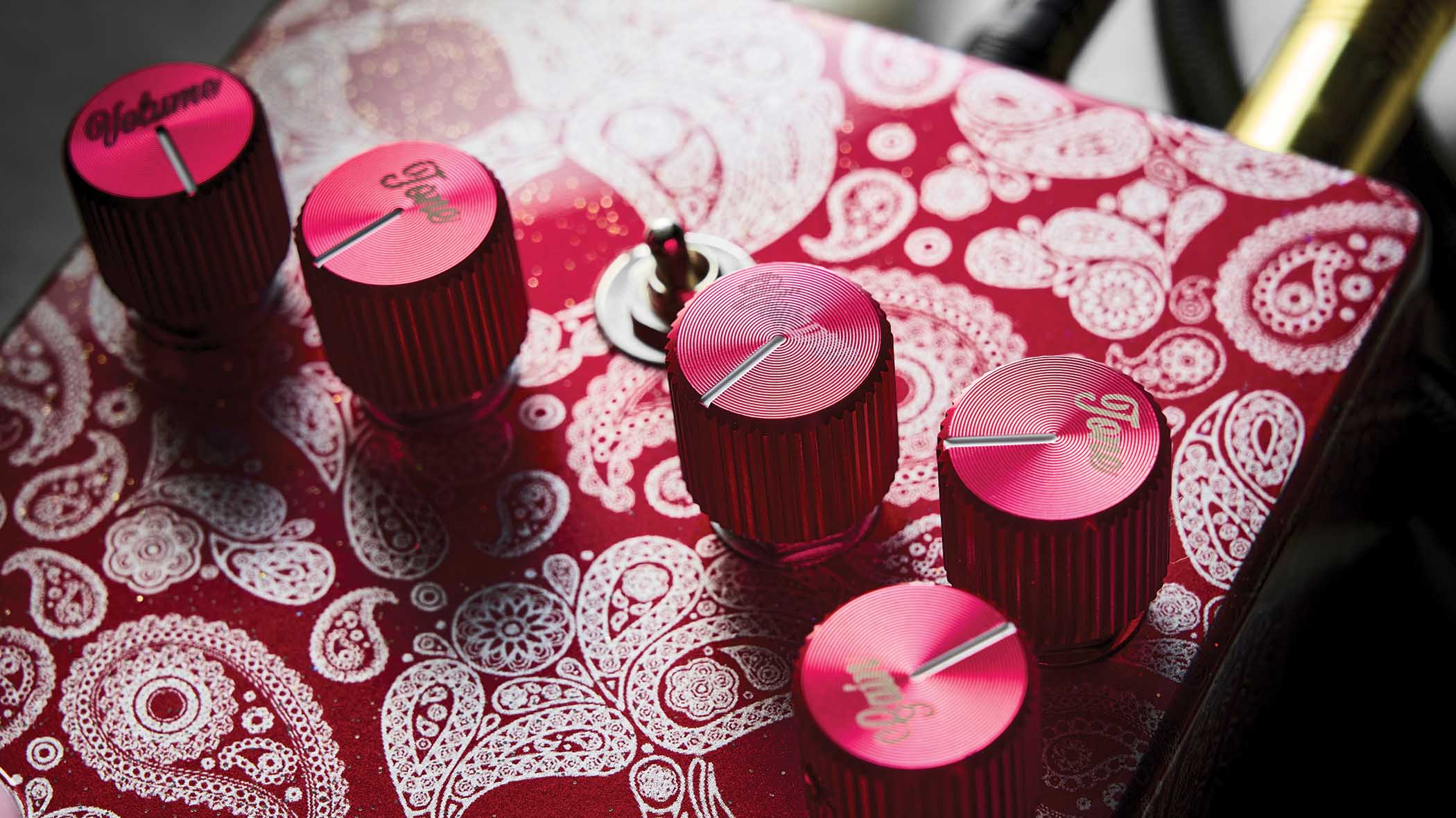 Flattley The Outlaw &amp;ndash; the red-pink boost/drive twofer is decorated in Mexican Day of the Dead inspired graphics