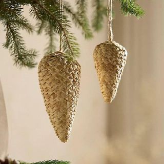 Woven Jute Pine Cone Ornament balanced on a branch.