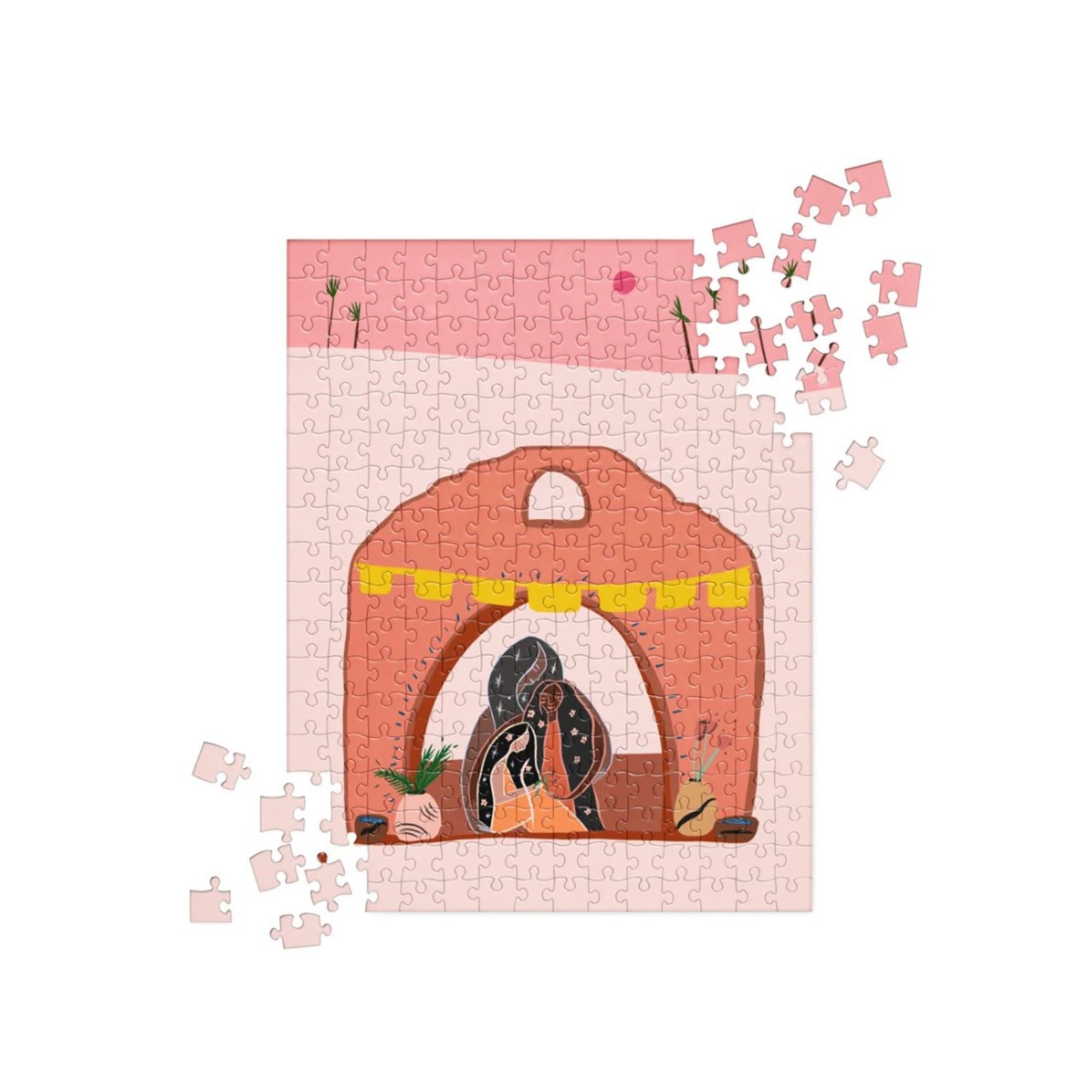 A pink puzzle with an illustration of a family by a window