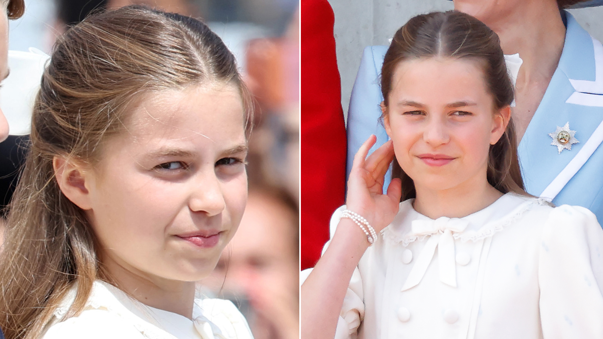 Princess Charlotte wearing a white dress with a matching bow in her long brown hair attending Trooping the Colour 2026 with the Royal Family