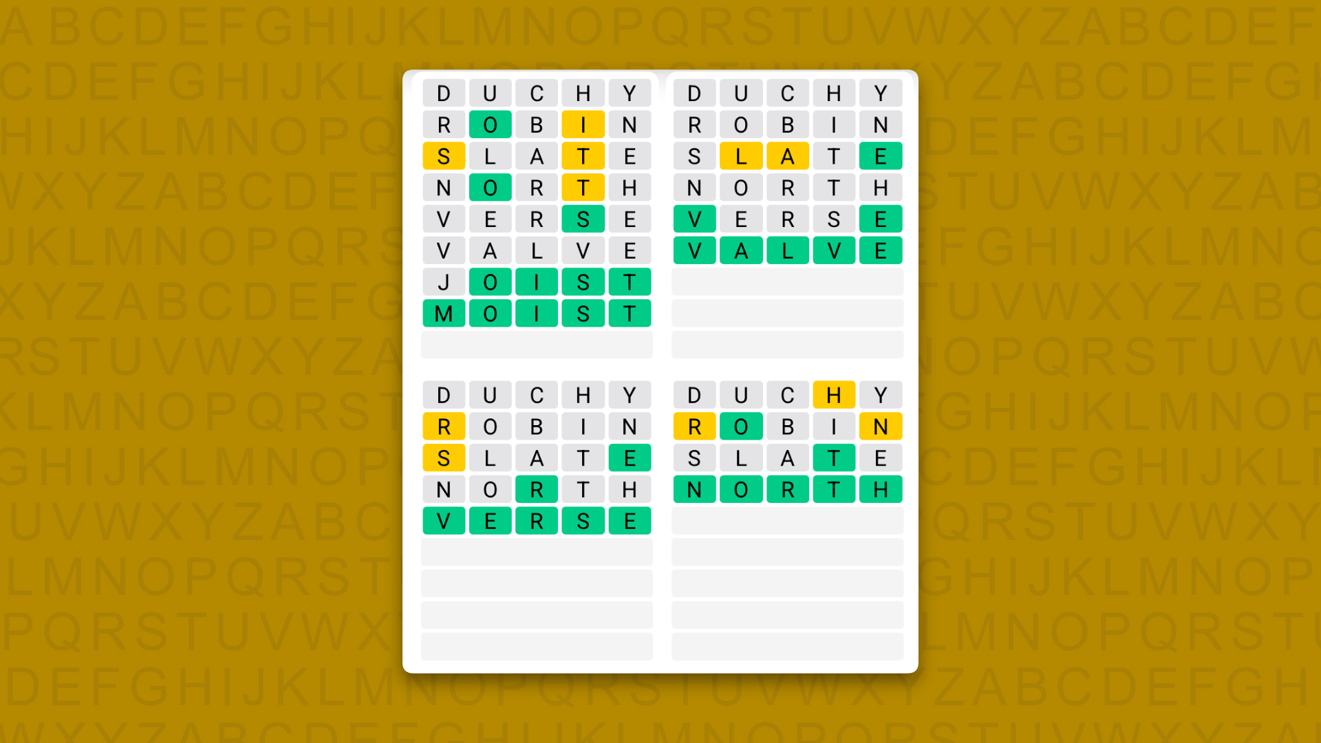 Quordle answers for game 1731 on a yellow background