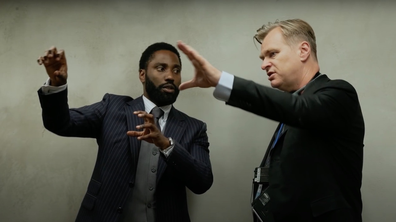 Christopher Nolan directing John David Washington on Tenet set