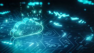 Cloud security concept image showing a cloud symbol placed on top of a circuit board.