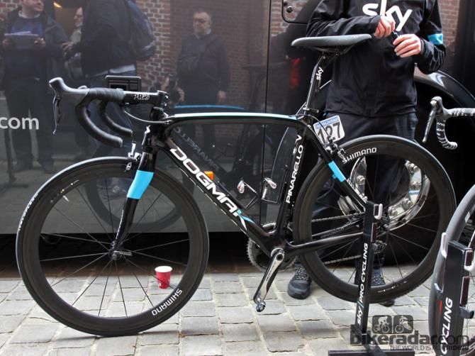 Bradley Wiggins' (Sky) Pinarello Dogma K before the start of Scheldeprijs. Wiggins has focused his training efforts for a top finish at Paris-Roubaix